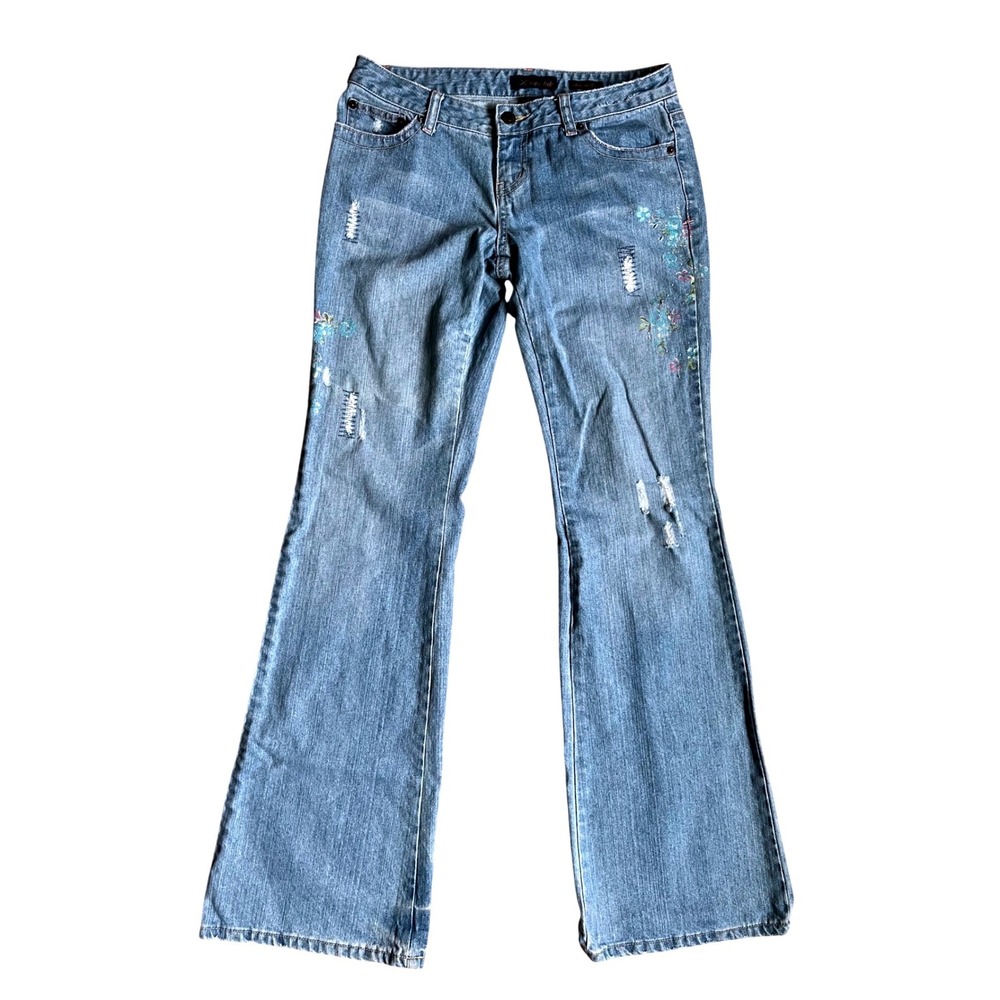 Aeropostale Y2K Flare Jeans Floral Embroidered Distressed 3/4‎ Long Retro 2000s